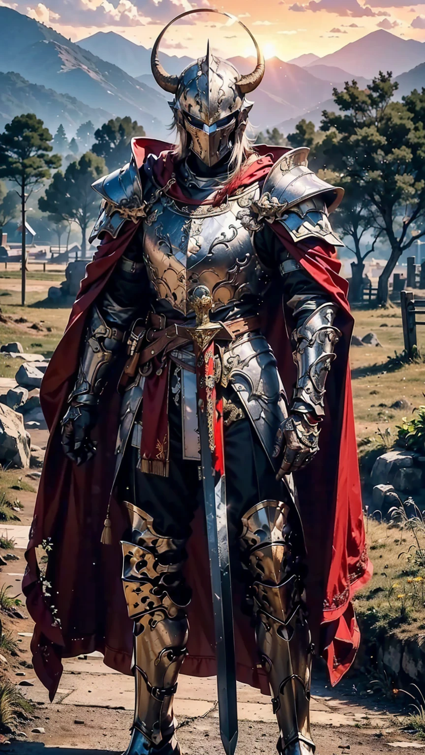 8K quality,(super masterpiece:1.3),Highest quality,Detailed Images,1 male,knight,pocket(,Full Face,Two cow horns),armor(Silver Full Armor,Blue decoration),(Wear a red cloak,Red Cape),(One sword,Hold the hilt of the sword with your right hand),(background:Burning image,sunset,幻想的なsunset,The End,The end of the world,grassland,Takayama,Halo effects),(Whole body image,Standing with your legs apart),(Face directly towards the camera,Looking directly at the viewer,looking at the camera,The body faces the viewer,The body is facing the direction of the camera,Face looking straight into the camera).