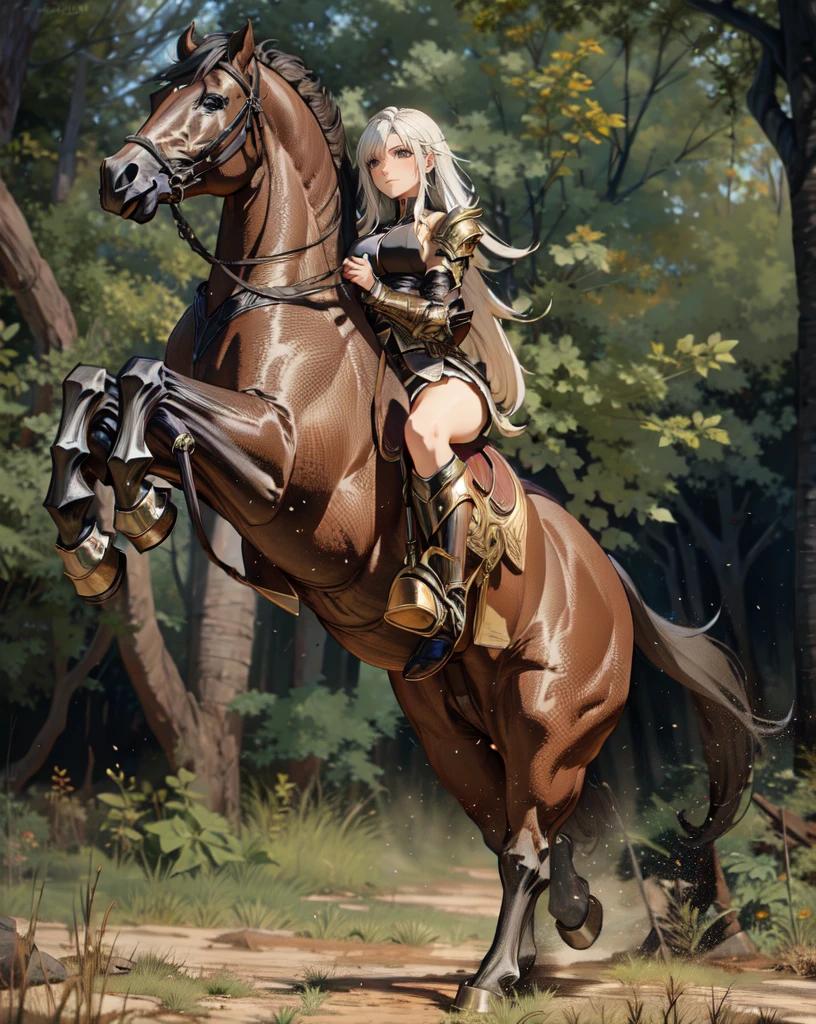 ((best quality)), ((anime masterpiece)), (high detailed), 8k, cinematic lighting, realistic, HDR, vivid color, a female knight riding a BROWN HORSE, long hair, {brunette}, medium breast, (white armor, black gauntlet, black miniskirt, black boots), forest, anatomically correct
