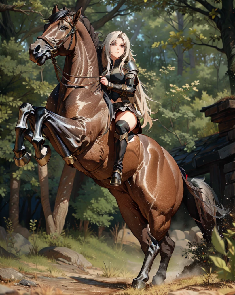 ((best quality)), ((anime masterpiece)), (high detailed), 8k, cinematic lighting, realistic, HDR, vivid color, a female knight riding a BROWN HORSE, long hair, {brunette}, medium breast, (white armor, black gauntlet, black miniskirt, black boots), forest, anatomically correct
