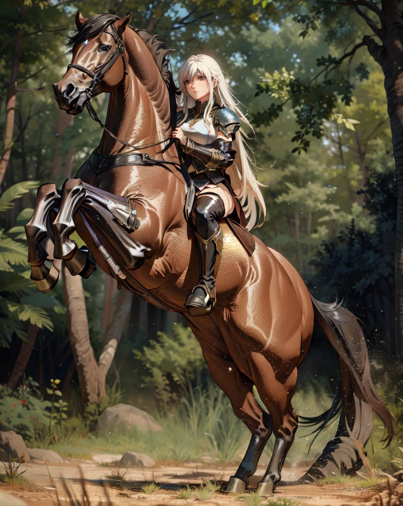 ((best quality)), ((anime masterpiece)), (high detailed), 8k, cinematic lighting, realistic, HDR, vivid color, a female knight riding a BROWN HORSE, long hair, {brunette}, medium breast, (white armor, black gauntlet, black miniskirt, black boots), forest, anatomically correct
