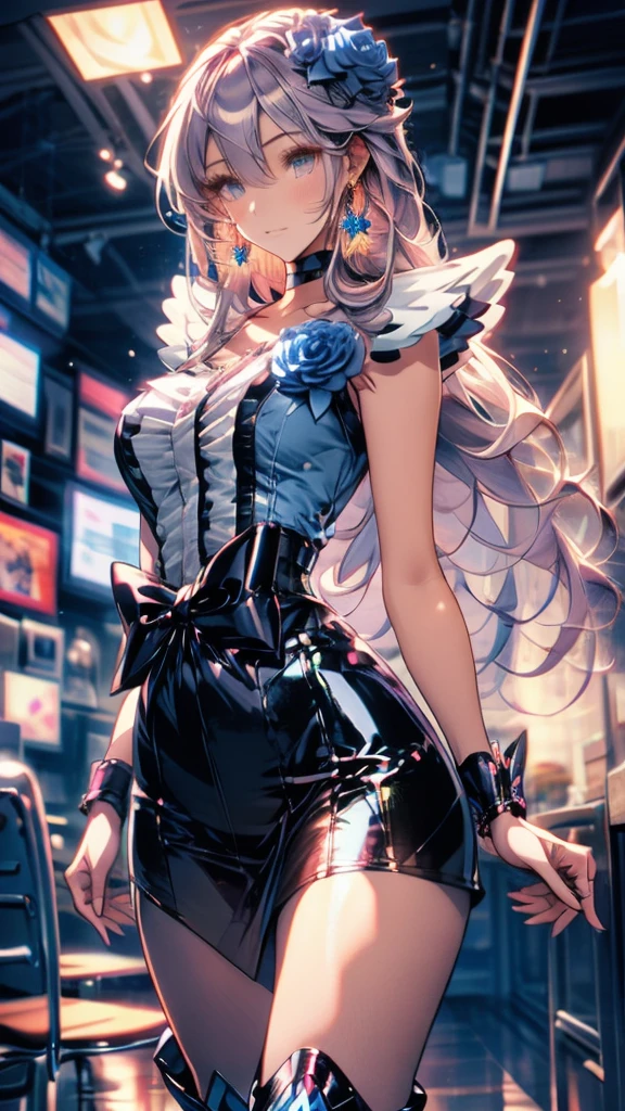 (Highly detailed CG), (Highest quality),(full body)，Anime Style，1 Girl,alone, Purple Hair，black choker, earrings, blue flower, magical girl, waist bow, cure moonlight dress, jewelry, flower, wrist cuffs, single elbow glove, boots, eyelashes,Perfect Face,  Shiny skin, Shiny skin, Wide Hips,Tight waist,boots，Elbow Bag,1 Girl, Long Hair, Big Breasts，Thick thighs，sunset，Octane，