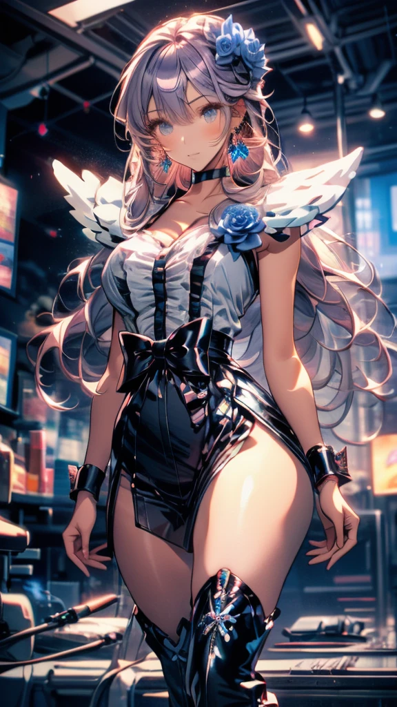 (Highly detailed CG), (Highest quality),(full body)，Anime Style，1 Girl,alone, Purple Hair，black choker, earrings, blue flower, magical girl, waist bow, cure moonlight dress, jewelry, flower, wrist cuffs, single elbow glove, boots, eyelashes,Perfect Face,  Shiny skin, Shiny skin, Wide Hips,Tight waist,boots，Elbow Bag,1 Girl, Long Hair, Big Breasts，Thick thighs，sunset，Octane，