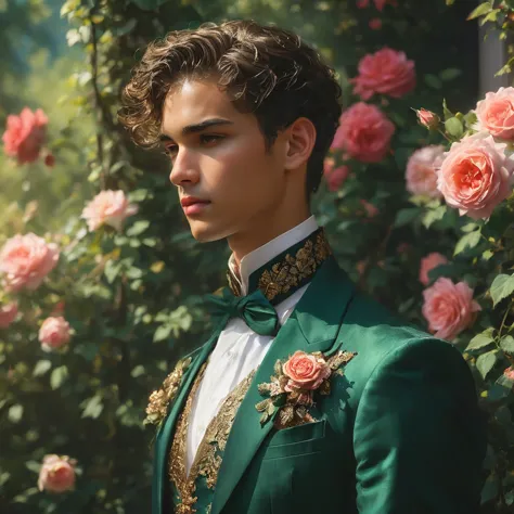 create an image of a young man inspired by the characteristics of the rose 'the prince, mixed race male model 23-25 year old, (a...