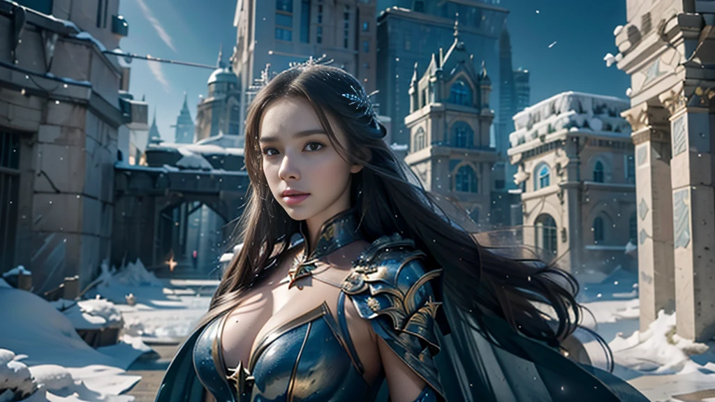 masterpiece, rest, best quality, Very detailed, Super real, 16K, high resolution, castle，snow, ((Starry Sky)),Female Mage，Gorgeous armor，Complex Mode，Large Breasts，Pretty Face，Closed mouth，dramatic，Half-length photo，Glowing scepter