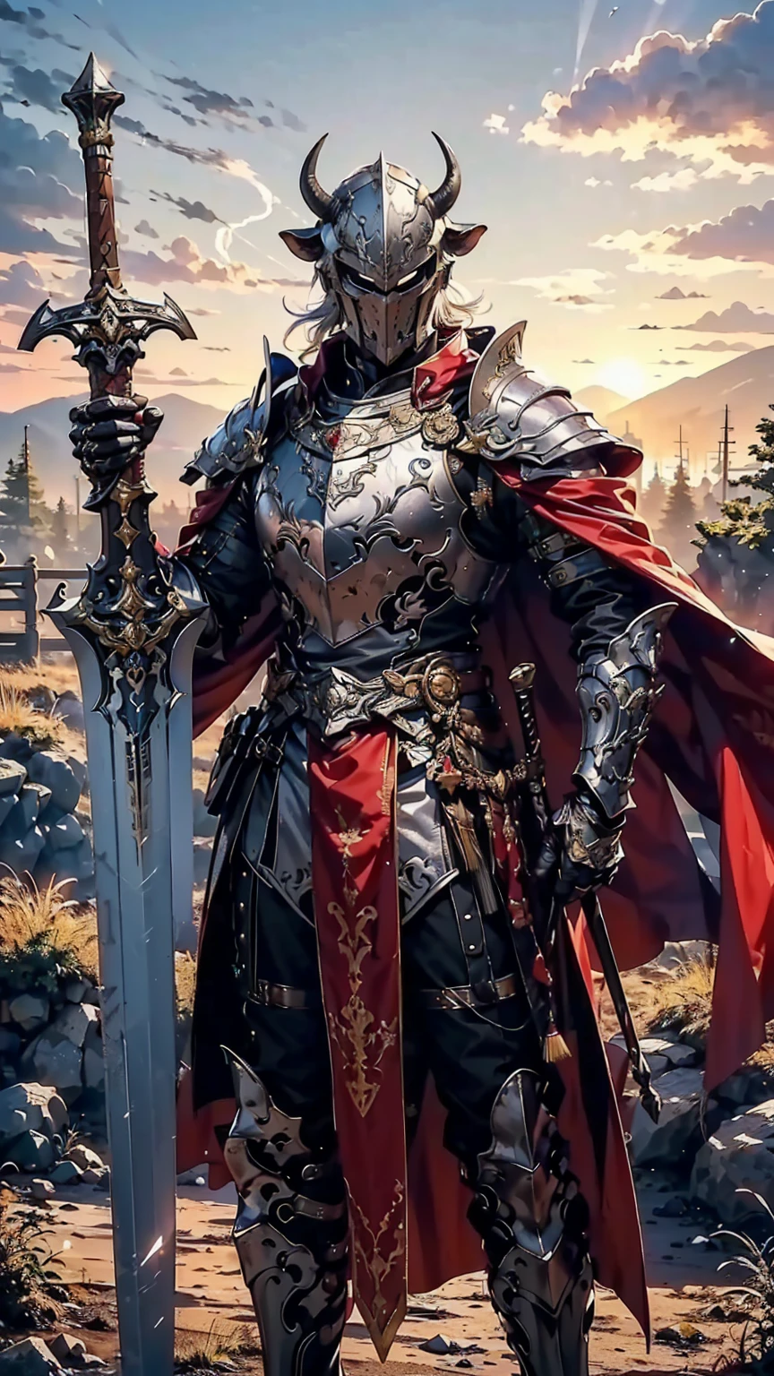 8K quality,(super masterpiece:1.3),Highest quality,Detailed Images,1 male,knight,pocket(Full Face,Two cow horns),armor(Silver Full Armor,Blue decoration),(Wear a red cloak,Red Cape),(One sword,Hold the hilt of the sword with your right hand),(background:Burning image,sunset,幻想的なsunset,The End,The end of the world,grassland,Takayama,Halo effects),(Whole body image,Standing with your legs apart),(Face directly towards the camera,Looking directly at the viewer,looking at the camera,The body faces the viewer,The body is facing the direction of the camera,Face looking straight into the camera).