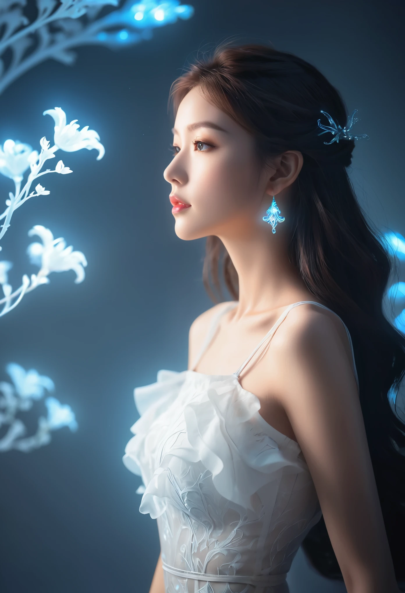 ((jewel_light element)), (Translucent luminous body_wearing a white frilly blouse), (girl made of light: 1.2, Long wavy hairstyle with delicate features and luminous light:1.3), (minimalism: 0.5), (Close-up angle above the waist: 1.3), 4K, HDR, acid graphics, fantasy work, [Detailed and vivid faces: 0.33], (White translucent glowing body and hair: 1.3), Silhouette outline and glowing beautiful woman, Understated elegance is revealed.. A calm and dignified atmosphere provides a subtle sense of luxury... gray smooth texture, stylish pose, fluorescent, glowing tattoo, bioluminescent tattoo, glowing pattern.