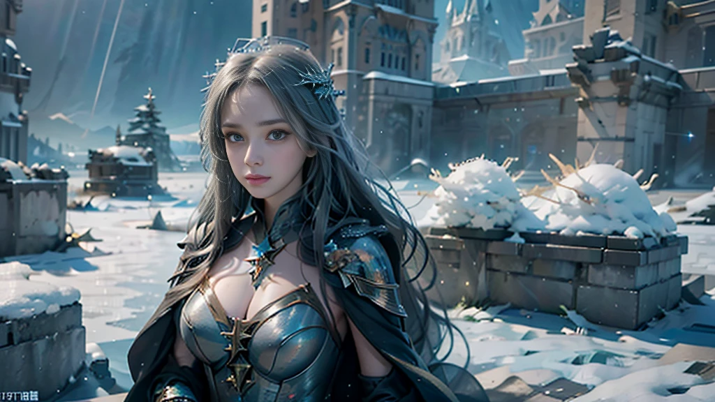 masterpiece, rest, best quality, Very detailed, Super real, 16K, high resolution, castle，snow, ((Starry Sky)),Female Mage，Gorgeous armor，Complex Mode，Large Breasts，Pretty Face，Closed mouth，dramatic，Medium distance photography，Glowing scepter