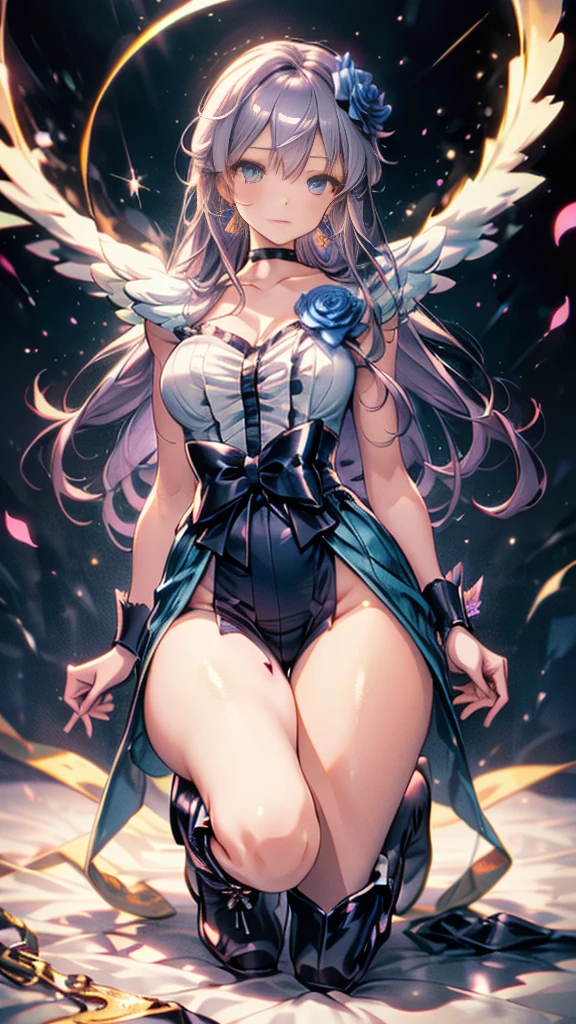 (Highly detailed CG), (Highest quality),((full body))，Anime Style，1 Girl,alone, leotard，Purple Hair，black choker, earrings, blue flower, magical girl, waist bow, cure moonlight dress, jewelry, flower, wrist cuffs, single elbow glove, boots, eyelashes,Perfect Face,  Shiny skin, Shiny skin, Wide Hips,Tight waist,Knee-high boots，Elbow Bag,1 Girl, Long Hair, Big Breasts，Thick thighs，sunset，Octane，