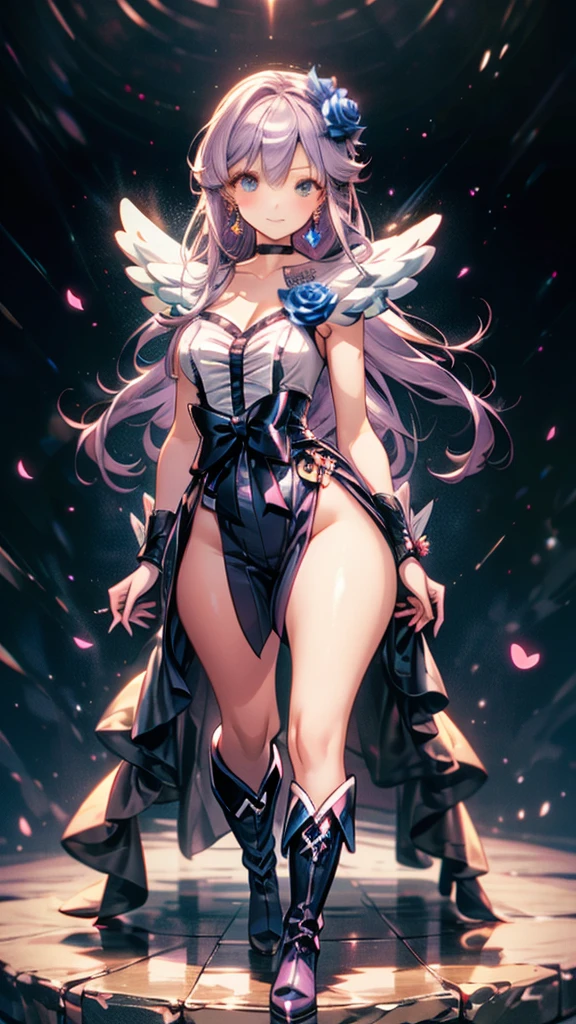 (Highly detailed CG), (Highest quality),((full body))，Anime Style，1 Girl,alone, leotard，Purple Hair，black choker, earrings, blue flower, magical girl, waist bow, cure moonlight dress, jewelry, flower, wrist cuffs, single elbow glove, boots, eyelashes,Perfect Face,  Shiny skin, Shiny skin, Wide Hips,Tight waist,Knee-high boots，Elbow Bag,1 Girl, Long Hair, Big Breasts，Thick thighs，sunset，Octane，