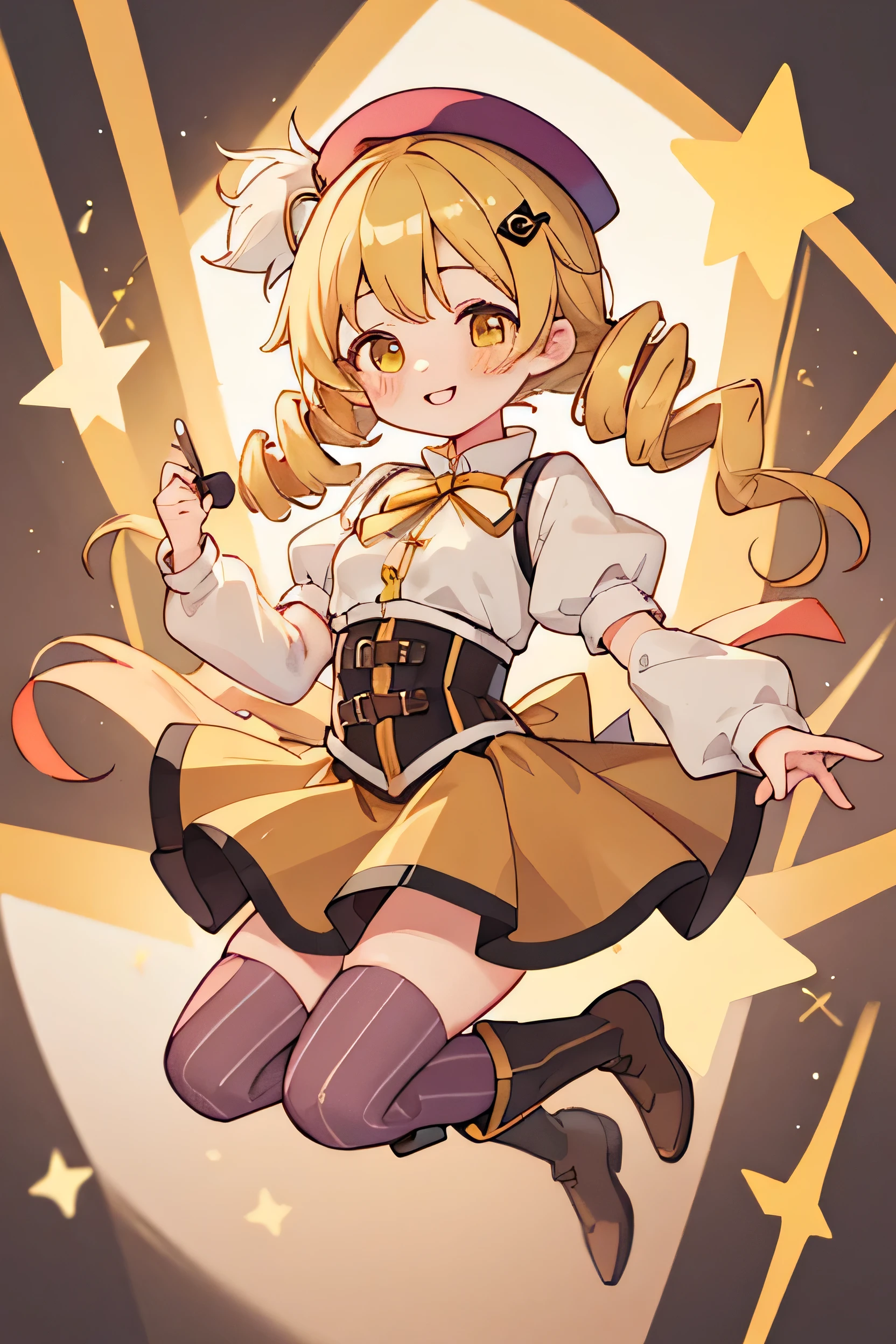 (masterpiece, Highest quality), One girl, Mamiai, Yellow Eyes, Blonde, Drill Hair, Twin Drill, Shiny, Shiny hair, chest, blush, smile, bangs, large chest, neck ribbon, hair ornaments, ribbon, Part your lips, ;), light blush, yellow ribbon, hairpin, Dot Nose, Magical girl, Tomoe Mama, skirt, shirt, Knee socks, Long sleeve, Have, Short sleeve, ,heart, Thighs, pleated skirt, boots, Removable sleeves, Striped, Puffy sleeves, puffy Short sleeve, zettai ryouiki, Black Hat, beret, Brown footwear, knee boots, feather, corset, Striped Knee socks, vertical stripes, High collar, brown Knee socks, yellow skirt, vertical-Striped Knee socks