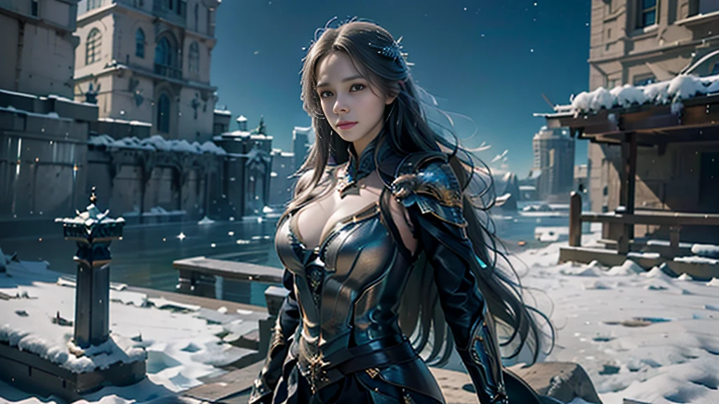 masterpiece, rest, best quality, Very detailed, Super real, 16K, high resolution, castle，snow, ((Starry Sky)),Female Mage，Gorgeous armor，Complex Mode，Large Breasts，Pretty Face，Closed mouth，dramatic，Medium distance photography，Glowing scepter