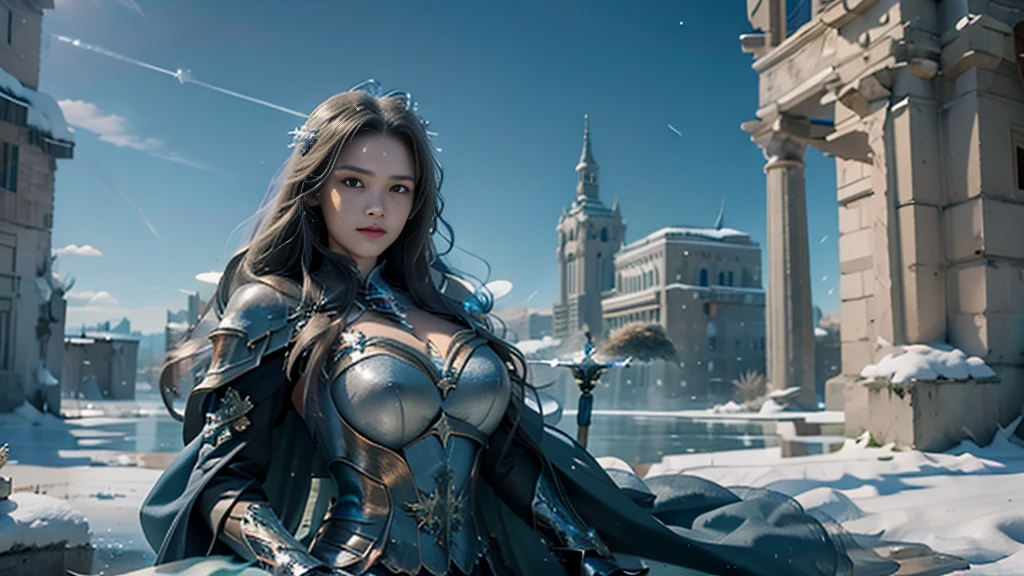 masterpiece, rest, best quality, Very detailed, Super real, 16K, high resolution, castle，snow, ((Starry Sky)),Female Mage，Gorgeous armor，Complex Mode，Large Breasts，Pretty Face，Closed mouth，dramatic，Medium distance photography，Glowing scepter