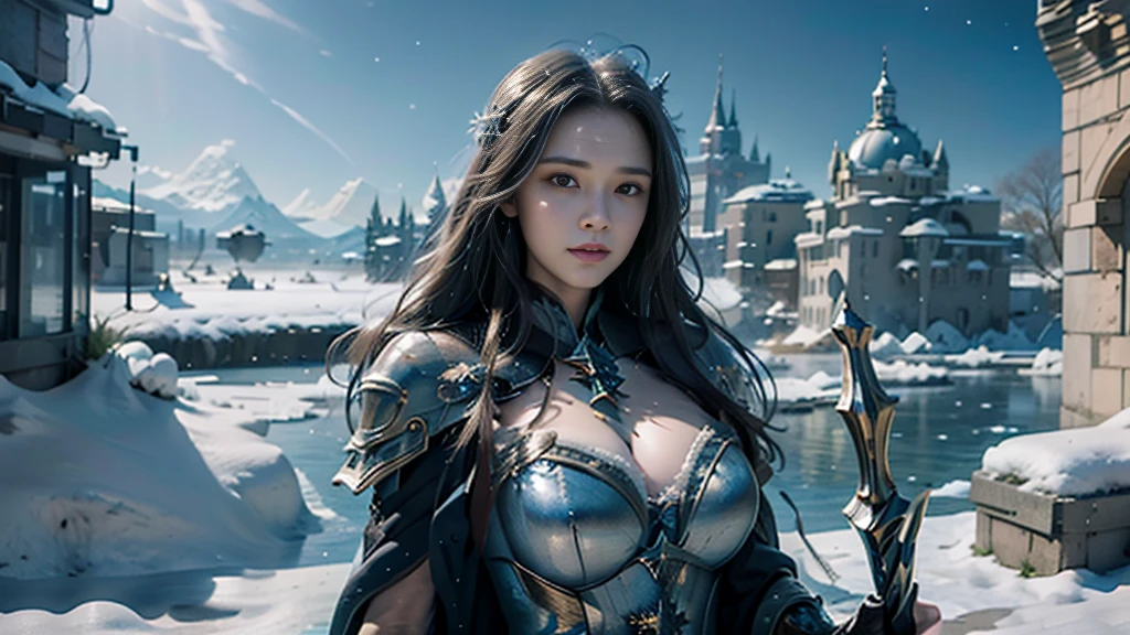 masterpiece, rest, best quality, Very detailed, Super real, 16K, high resolution, castle，snow, ((Starry Sky)),Female Mage，Gorgeous armor，Complex Mode，Large Breasts，Pretty Face，Closed mouth，dramatic，Medium distance photography，Glowing scepter