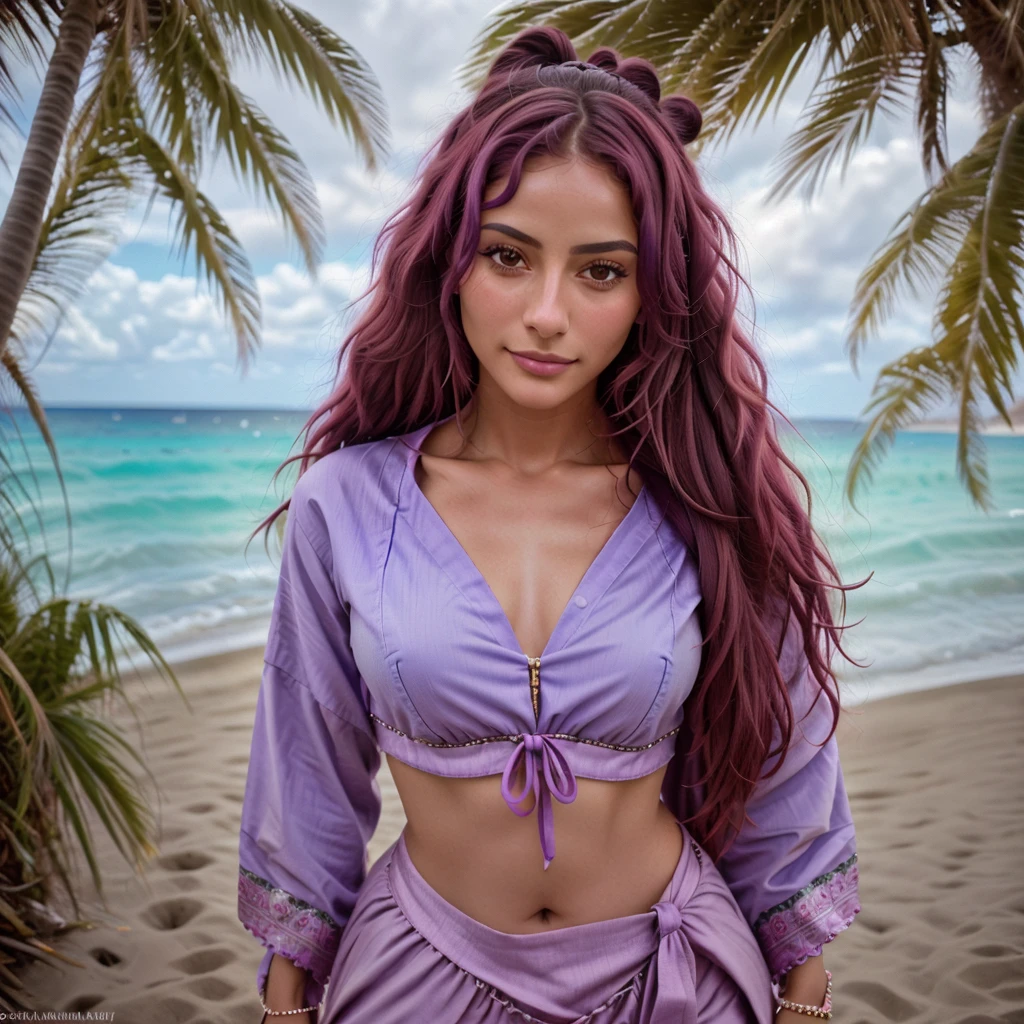 Beautiful Mayan beekeeper in traditional costume, taking a peaceful walk on the beach, intrincately detailed, 30 years old, Innocent expression, Long Purple Wavy Hair, eyes browns, high resolution, work of art, best qualityer, highy detailed, sharp focus, texturized skin, realisitic skin texture, detailedeyes, proffesional, 4K, charming smile, captured in Canon, 50mm, Shallow depth of field, kodak vision color, exquisitely tailored traditional clothing, extremely detaild, photorealisitic, realisitic, Post-processing, maximum details, roughness, Genuine Life, ultra-realisitic, fotorrealism, fot, 8k hd