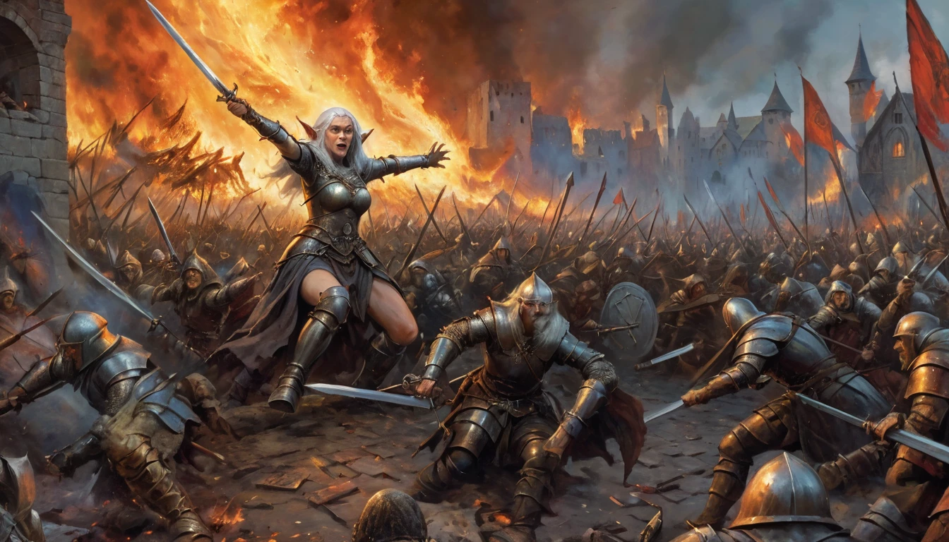 Highly detailed, UHD, 32k, medieval fantasy, heavy metal magazine cover, oil on canvas. Multiple subjects. Medieval cinematic War scene. An elderly elf lady fighting a human army, she is trading sword blows with a burly human with a silver sword. The scenery is a human town in flames. 