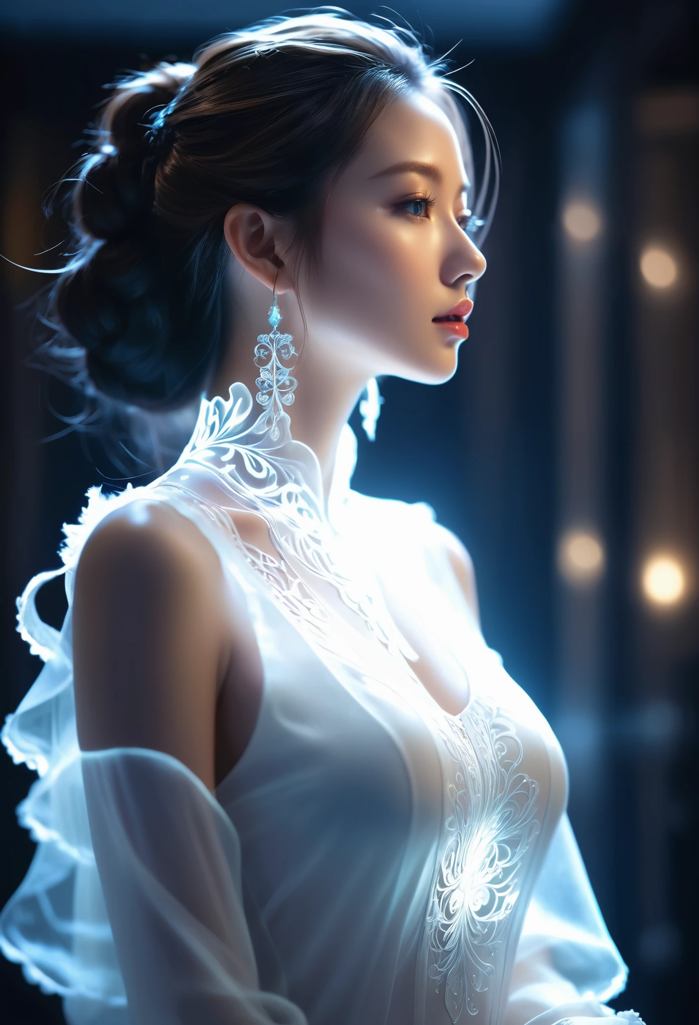 ((jewel_light element)), (Translucent luminous body_wearing a white frilly blouse), (girl made of light: 1.2, Long wavy hairstyle with delicate features and light:1.3), (minimalism: 0.5), (Front gaze close-up angle: 1.3), 4K, HDR, acid graphics, fantasy work, [Detailed and vivid face: 0.33], (White translucent glowing body and hair: 1.3), Shiny beautiful woman with silhouette outline, Understated elegance is revealed... A calm and dignified atmosphere provides a subtle sense of luxury..... gray smooth texture, stylish pose, fluorescent, Glowing tattoo, bioluminescent tattoo, glowing pattern.