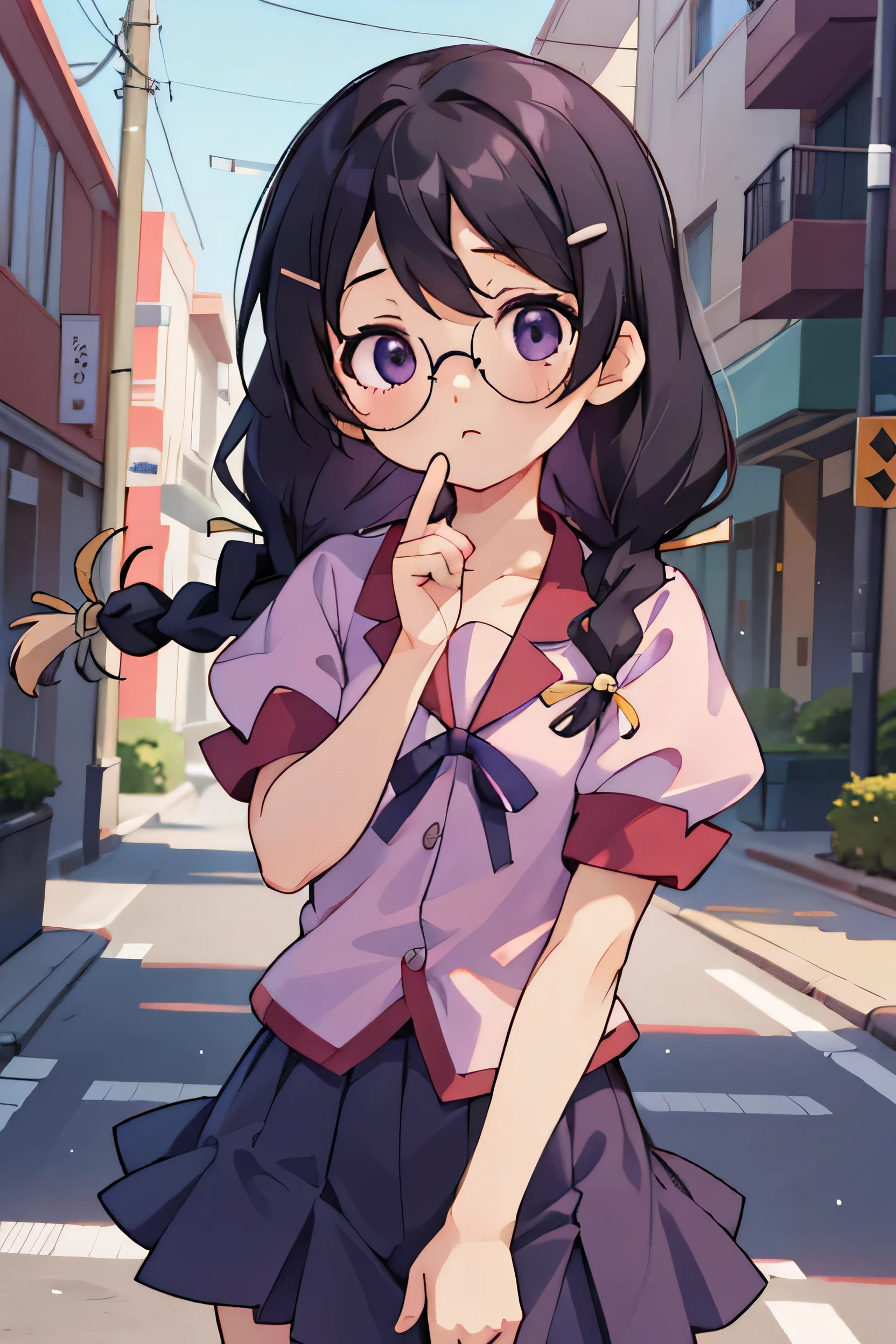 Hanekawa Tsubasa, hanekawa tsubasa, Long Hair, Black Hair, hair ornaments, (Purple eyes:1.1), Braiding, Barrette, Twin Braidings, , Naoetsu High School , , The crotch is partially visible,Glasses,break skirt, , Naoetsu High School ,break outdoors, city,break looking at viewer, break (Tabletop:1.2), Highest quality, High resolution, unity 8k wallpaper, (figure:0.8), (Beautiful attention to detail:1.6), Highly detailed face, Perfect lighting, Highly detailed CG, (Perfect hands, Perfect Anatomy),