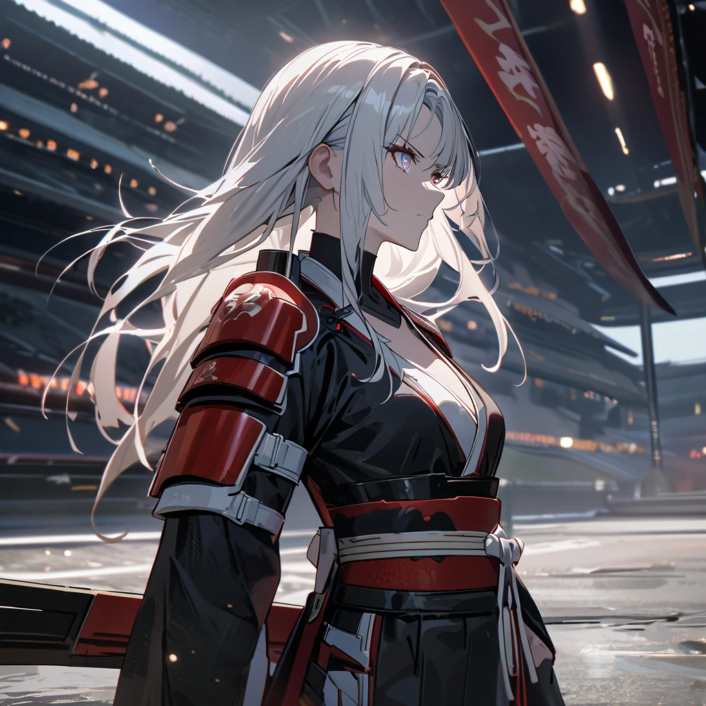 A woman wearing a black samurai kimono with white details, samurai shoulder pads, holding a red odachi, odachi without sheath, standing, white hair, long hair, red and blue eyes, multicolored eyes, serious face, on a concrete platform, scene in Japanese aesthetics,,UHD , prime work , accurate , anatomically correct , textured skin , super details , high quality , best quality, 8k, high resolution, bokeh effect. (woman alone), close view.
