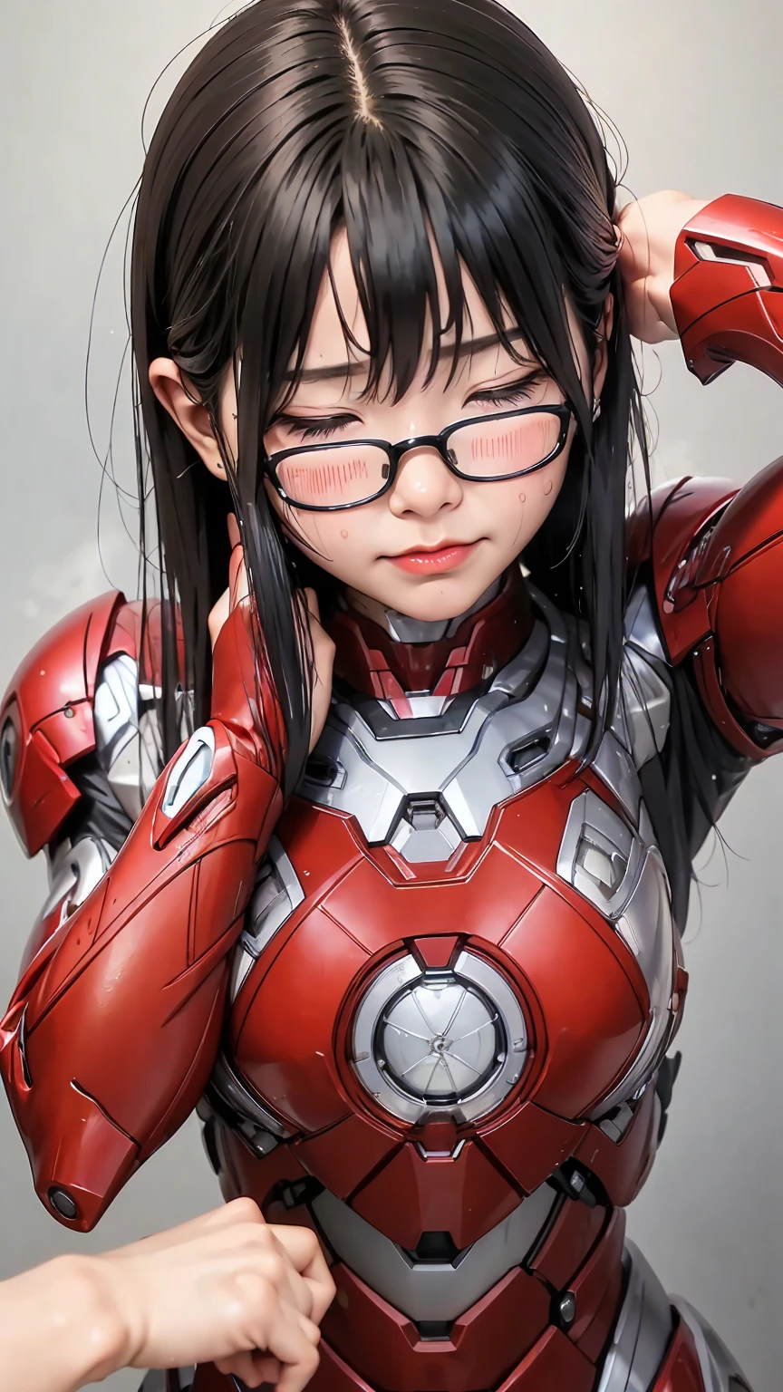 Highest quality　8k Iron Man Suit Girl　Kindergarten girl　Sweaty face　Steam coming out of my head　My hair is wet with sweat　The feel of black hair　Full body portrait　My upper body is soaked　Glasses