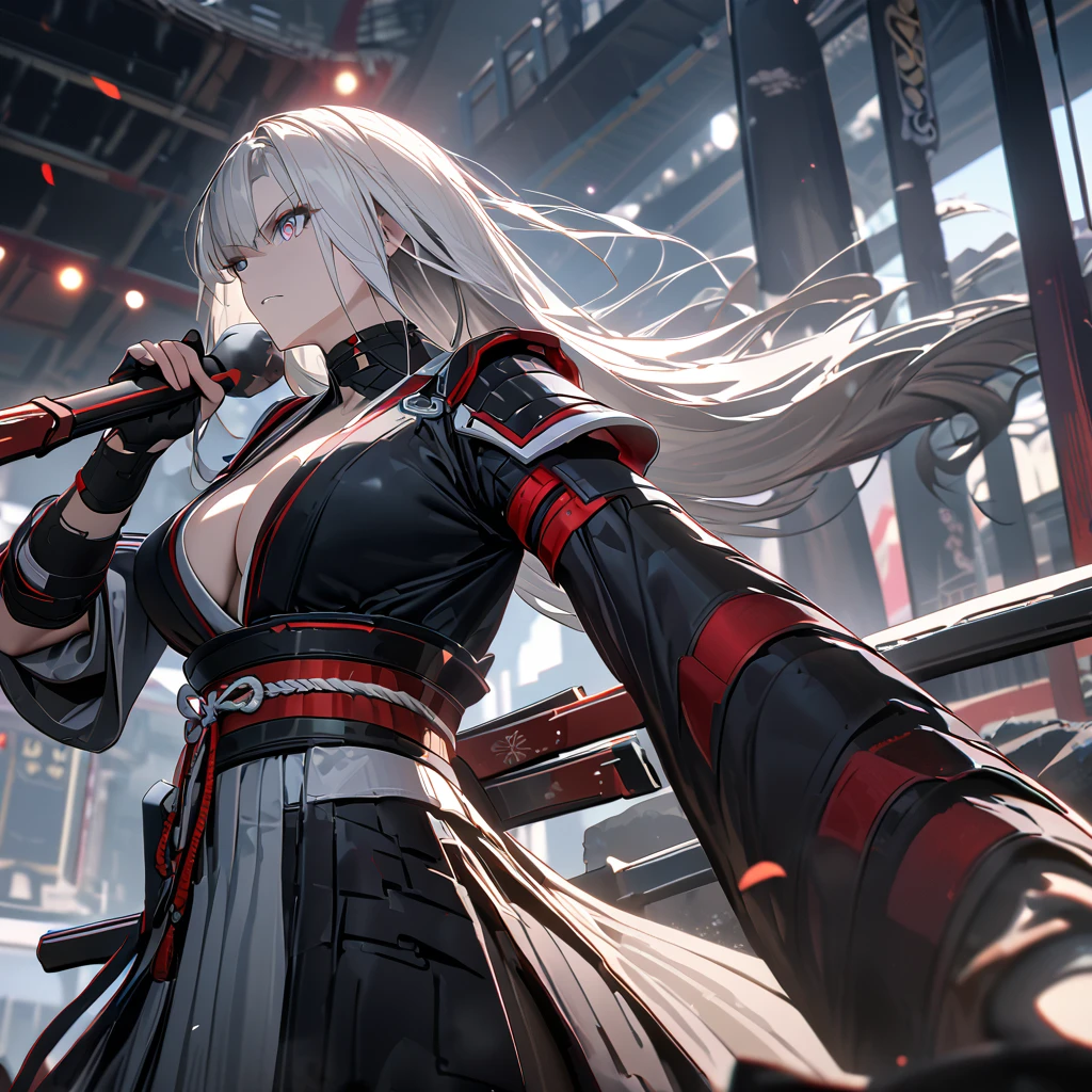 A woman wearing a black samurai kimono with white details, samurai shoulder pads, holding a red odachi, odachi without sheath, standing, white hair, long hair, red and blue eyes, multicolored eyes, serious face, big breast, on a concrete platform, scene in Japanese aesthetics,,UHD , prime work , accurate , anatomically correct , textured skin , super details , high quality , best quality, 8k, high resolution, bokeh effect. (woman alone), close view.
