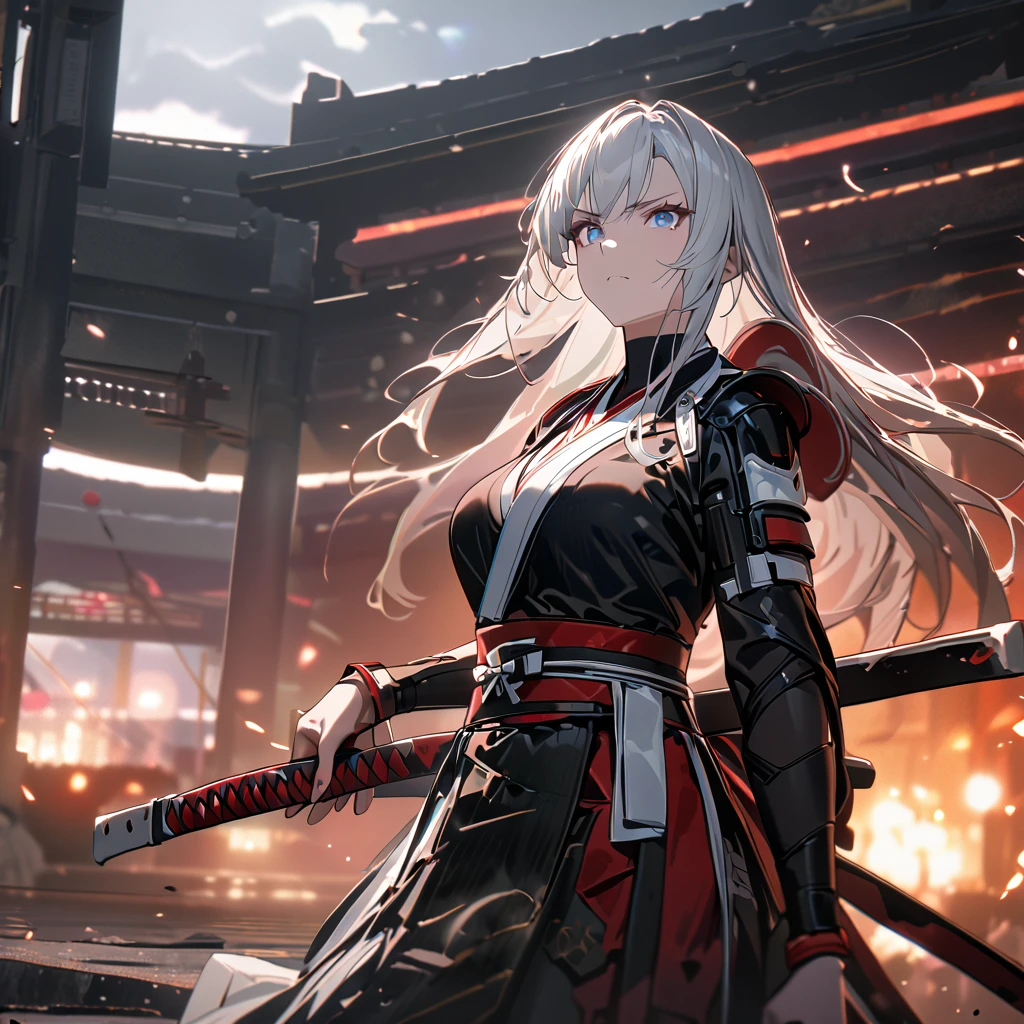 A woman wearing a black samurai kimono with white details, samurai shoulder pads, holding a red odachi, odachi without sheath, standing, white hair, long hair, red and blue eyes, multicolored eyes, serious face, big breast, on a concrete platform, scene in Japanese aesthetics,,UHD , prime work , accurate , anatomically correct , textured skin , super details , high quality , best quality, 8k, high resolution, bokeh effect. (woman alone), close view.
