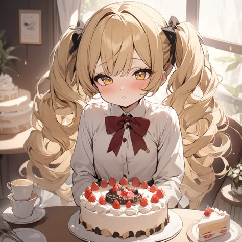 highest quality, masterpiece, blonde, twin tails, curly hair, yellow eyes, cute, cake,