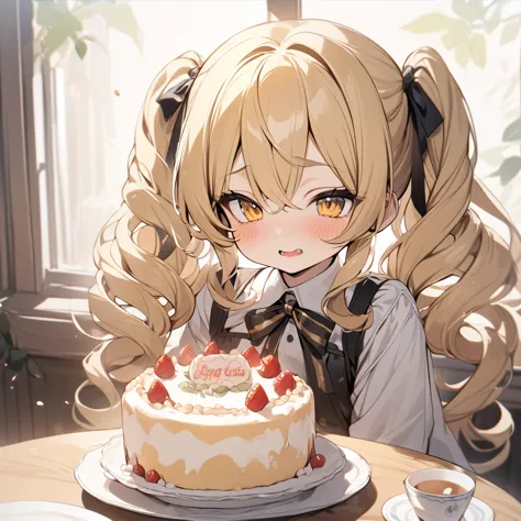 highest quality, masterpiece, blonde, twin tails, curly hair, yellow eyes, cute, cake,