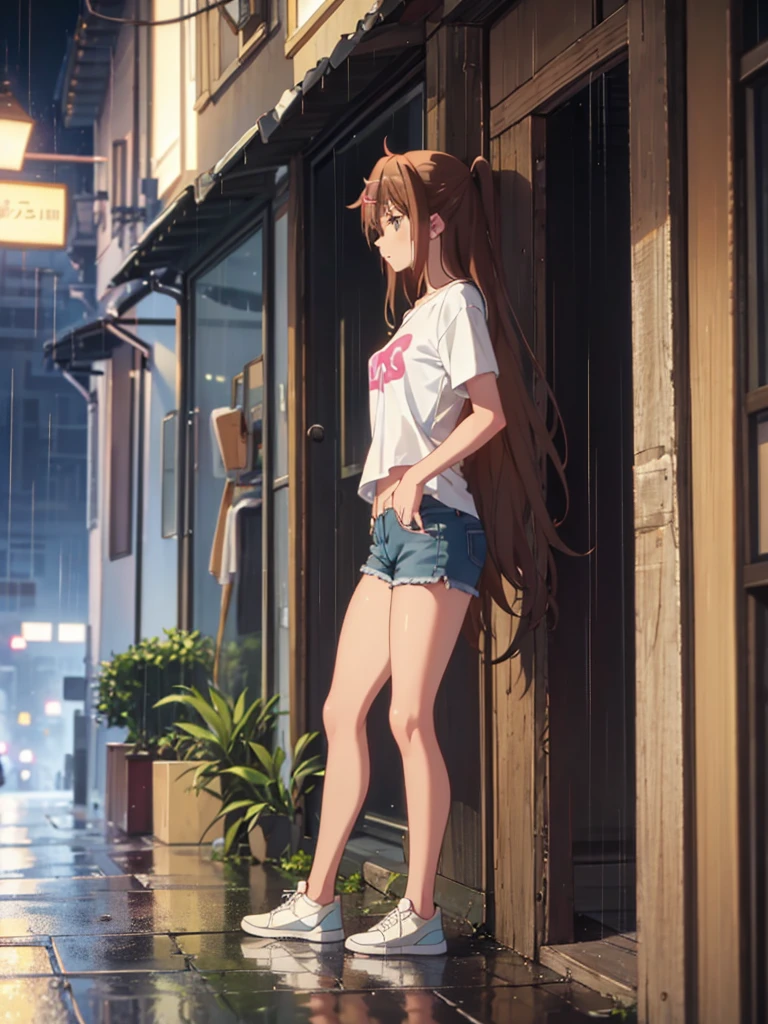 Girl, short tight shorts,t-shirt, Bare breasts, chest visible, street  background, Narrow passage between houses, night, rain, slim body, In full growth, Sneakers , small breast