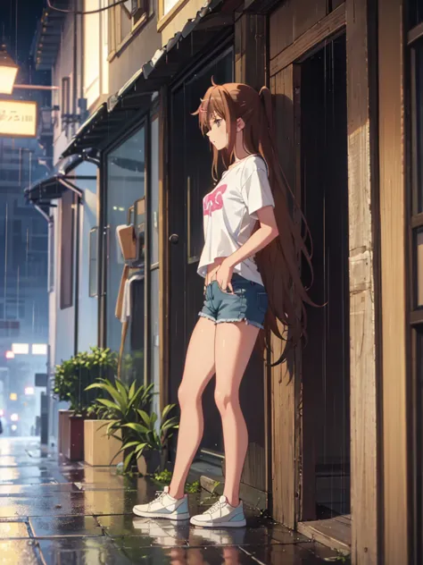 girl, short tight shorts,t-shirt, bare breasts, chest visible, street  background, narrow passage between houses, night, rain, s...