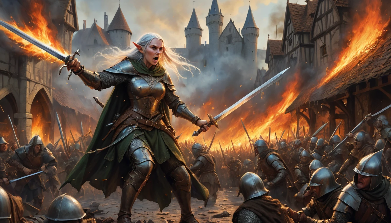 Highly detailed, UHD, 32k, medieval fantasy, heavy metal magazine cover, oil on canvas. Multiple subjects. Medieval cinematic War scene. An elderly elf lady fighting a human army, she is trading sword blows with a burly human with a silver sword. The scenery is a human town in flames. 