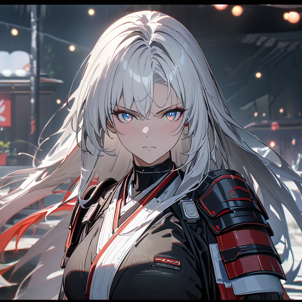 A woman wearing a black samurai kimono with white details, samurai shoulder pads, holding a red odachi, odachi without sheath, standing, white hair, long hair, red and blue eyes, multicolored eyes, serious face, big breast, on a concrete platform, scene in Japanese aesthetics,,UHD , prime work , accurate , anatomically correct , textured skin , super details , high quality , best quality, 8k, high resolution, bokeh effect. (woman alone), close view.
