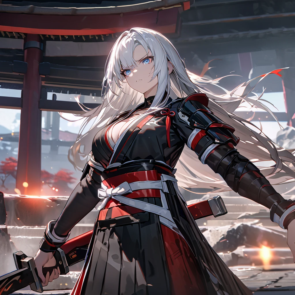 A woman wearing a black samurai kimono with white details, samurai shoulder pads, holding a red odachi, odachi without sheath, standing, white hair, long hair, red and blue eyes, multicolored eyes, serious face, big breast, on a concrete platform, scene in Japanese aesthetics,,UHD , prime work , accurate , anatomically correct , textured skin , super details , high quality , best quality, 8k, high resolution, bokeh effect. (woman alone), close view.
