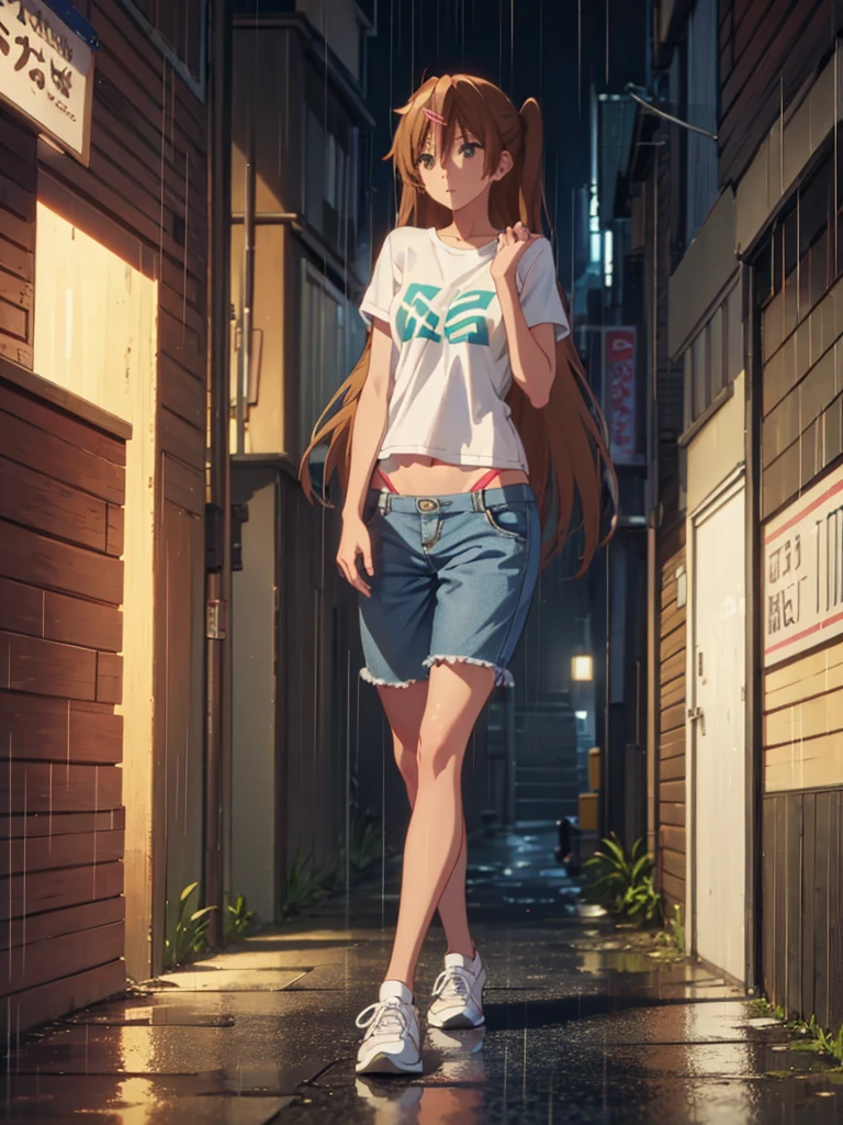 Girl, thong ,t-shirt, Bare breasts, chest visible, street  background, Narrow passage between houses, night, rain, slim body, In full growth, Sneakers , small breast