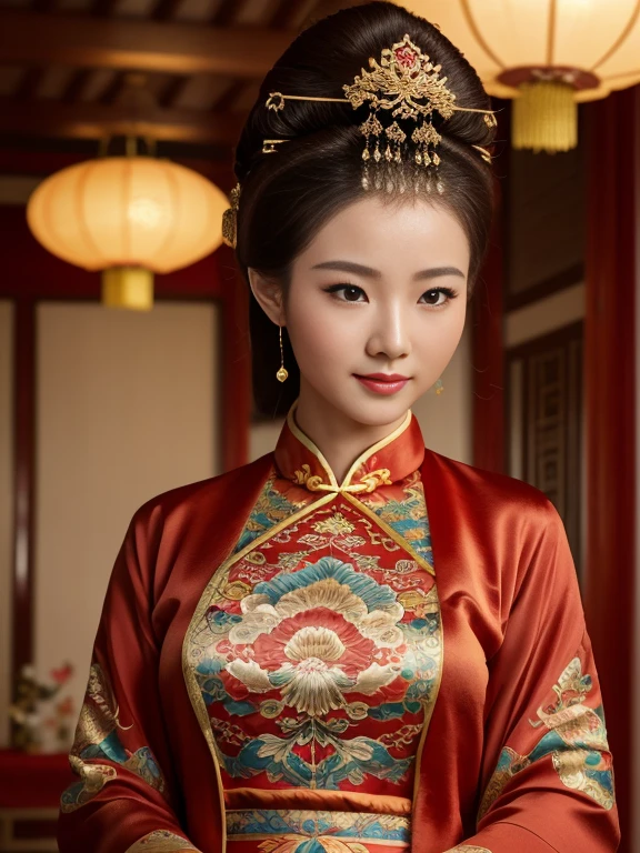 photo en gros plan,  visage concentré, regarder la caméra, femme chinoise , Demi-fille chinoise et russe, la fille a 30 ans, L&#39;une des trois plus belles femmes du monde, Une beauté connue dans le monde entier, (des cheveux châtain clairs, Belle lèvre, petit sourire), (seins moyens, whist mince, hanche moyenne ) ,(Yang Guifei en soie rouge, vêtements chinois、Vêtements royaux ), debout sur le sol , dans un endroit chinois, (chef-d&#39;œuvre, la plus haute qualité, haute résolution, photo réaliste, POINTU, Photos brutes, Fond d&#39;écran 8k, la perfection, Éclairage professionnel, très détaillé)
