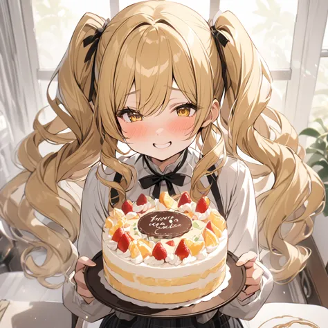 highest quality, masterpiece, tomomi,blonde, twin tails, curly hair, yellow eyes, cute, have a cake