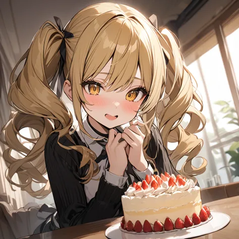 highest quality, masterpiece, tomomi,blonde, twin tails, curly hair, yellow eyes, cute, have a cake