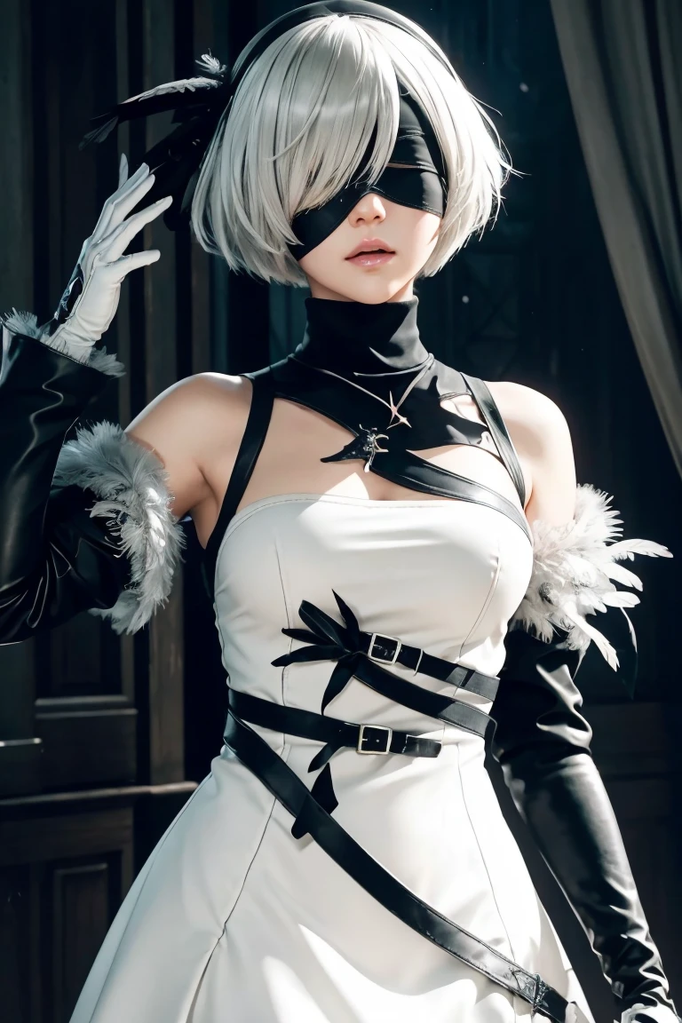 2B Nier Automata,Bobcut, Gray Hair,Long sleeve, Juliet Sleeve, White gloves, turtleneck, bangs, Feather ornament, Feather ornament sleeves, Blindfold, Black Goth Dress,Bird&#39;s-eye view,Japanese Ultra HD,super high quality,masterpiece,Digital SLR,Photorealistic,Detailed details,Vivid details,Depicted in detail,A detailed face,Detailed details,Super Detail,Realistic skin texture,Anatomical basis,Perfect Anatomy,Anatomically correct hand,Anatomically correct fingers,Complex 3D rendering,Sexy pose,Rainy Sky,Beautiful scenery,Fantastic rainy sky,Fantasy worldview,Picturesque,Pink Lips,Black butterfly々Fluttering,A ruined world,A devastated battlefield,ruins,