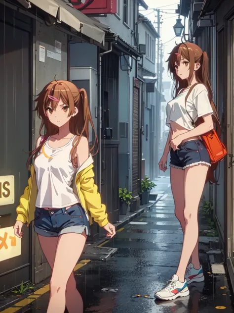 girl, short tight shorts, short unbuttoned shirt, bare breasts, chest visible, street  background, narrow passage between houses...