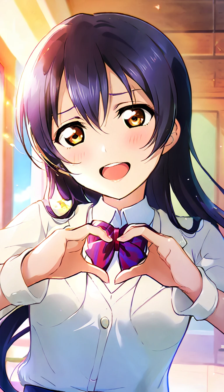 1girl, umi_sonoda, upper body, otonokizaka ,id_umi_sonoda,making her heart-shaped hands