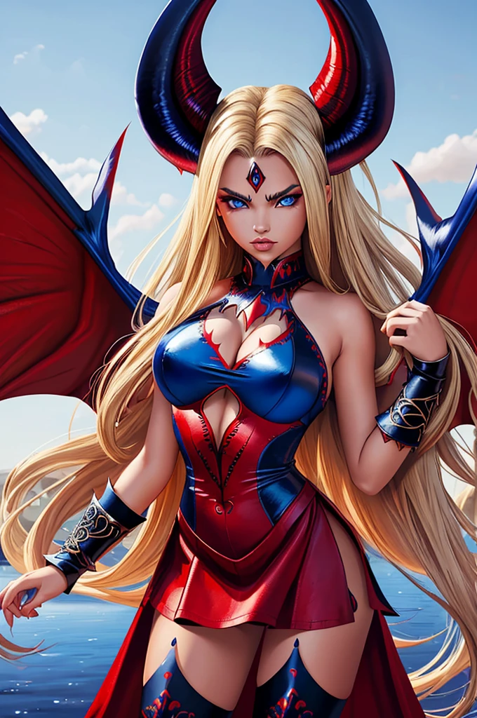 16 year old Adriana Lima, ultra detailed face, ultra detailed blue eyes, long blonde hair, horns, (red dress, skirt), (((masterpiece, large demon wings:1.3)))