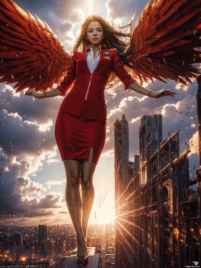 Masterpiece:1.2, best quality, 8k, UHD, high detailed,full body shot, portrait, hyperrealistic, cinematic light, one 20s woman, airasia flight attendant uniform, slim and perfect figure, perfect body proportions, beautiful, pretty, digital art, light and shadow, long hair, dynamic pose, white big symmetric angel wings, red suit, red pencil skirt, flying high in sky above the city:1.2, motion blur, long exposure, selective focus, angel, 1girl, head:1.2, correct anatomy