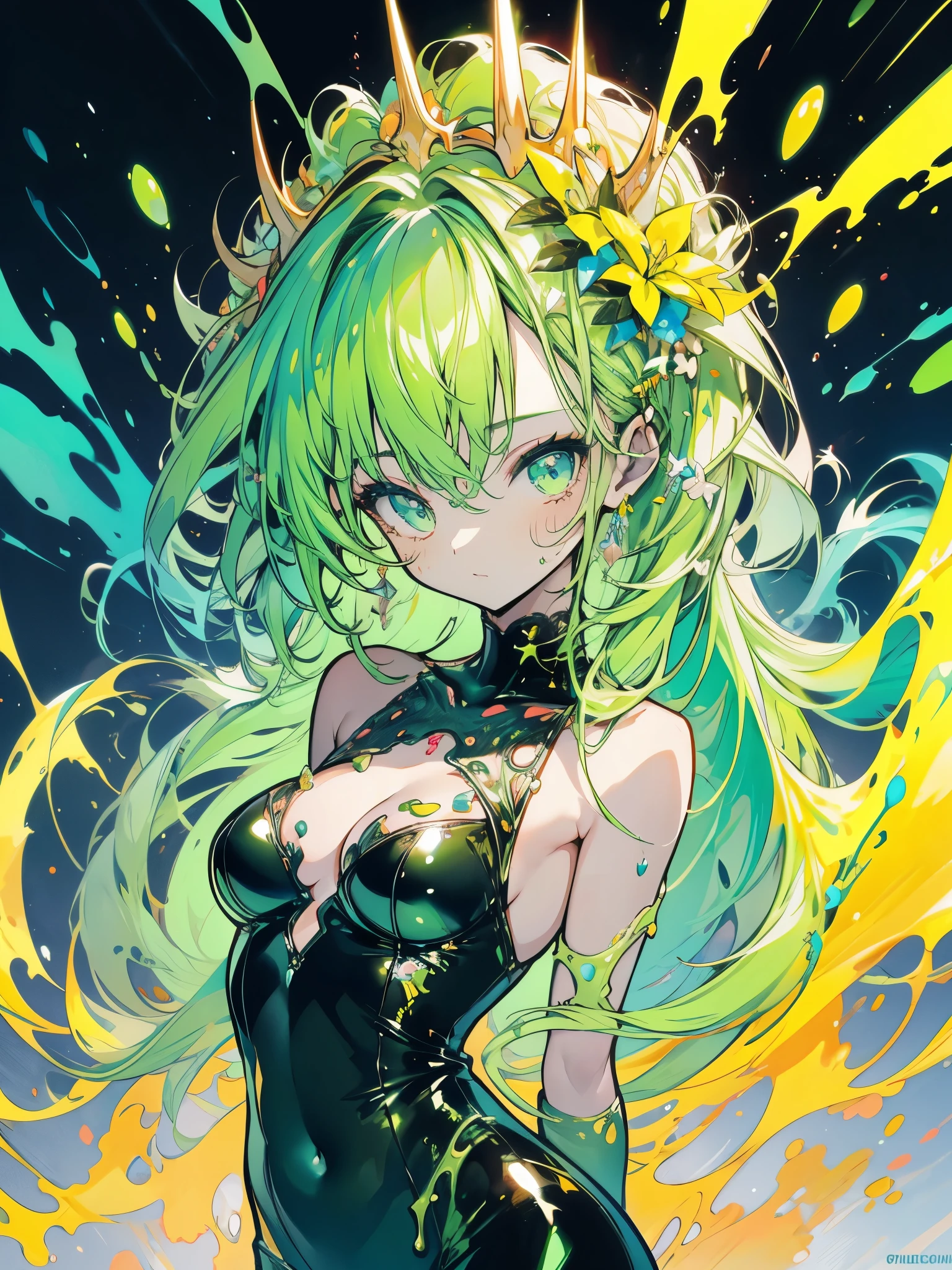 slime, (monster girl), slime verde com verde mais escuro, dripping with yellow slime, ful dressed, work of art, best qualityer, fully body, small round breasts, perky breasts, 