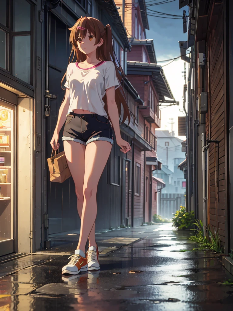 Girl, short  shorts, Short unbuttoned  Blouse, You can see her breasts,  Bare breasts, chest visible, street  background, Narrow passage between houses, night, rain, slim body, In full growth, Sneakers , small breast, 