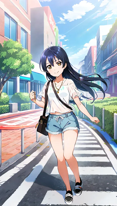 a girl, sonoda umi full body, wearing simple clothes going out in the city in midsummer, shorts, id_umi_sonoda, city background