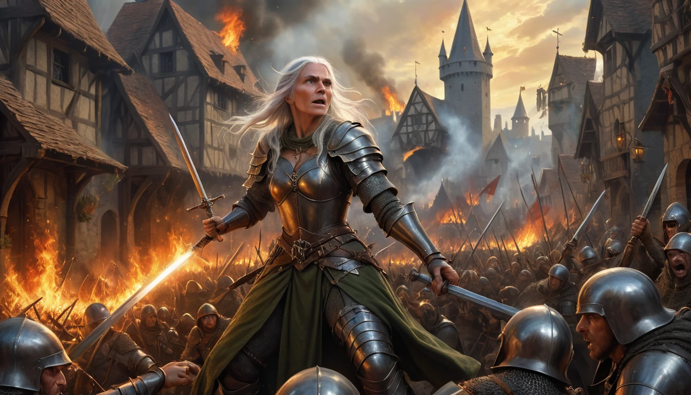 Highly detailed, UHD, 32k, medieval fantasy, heavy metal magazine cover, oil on canvas. Multiple subjects. Medieval cinematic War scene. An elderly elf lady fighting a human army, she is trading sword blows with a burly human with a silver sword. The scenery is a human town in flames. 