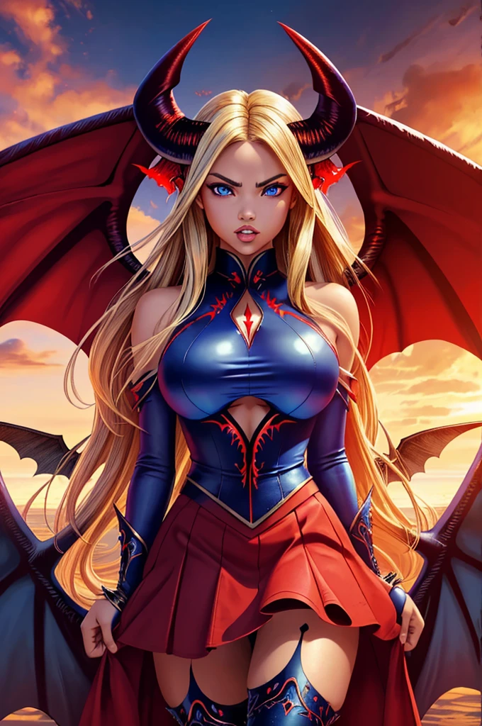 16 year old Adriana Lima, ultra detailed face, ultra detailed blue eyes, long blonde hair, horns, (red dress, skirt), (((masterpiece, large demon wings:1.3)))