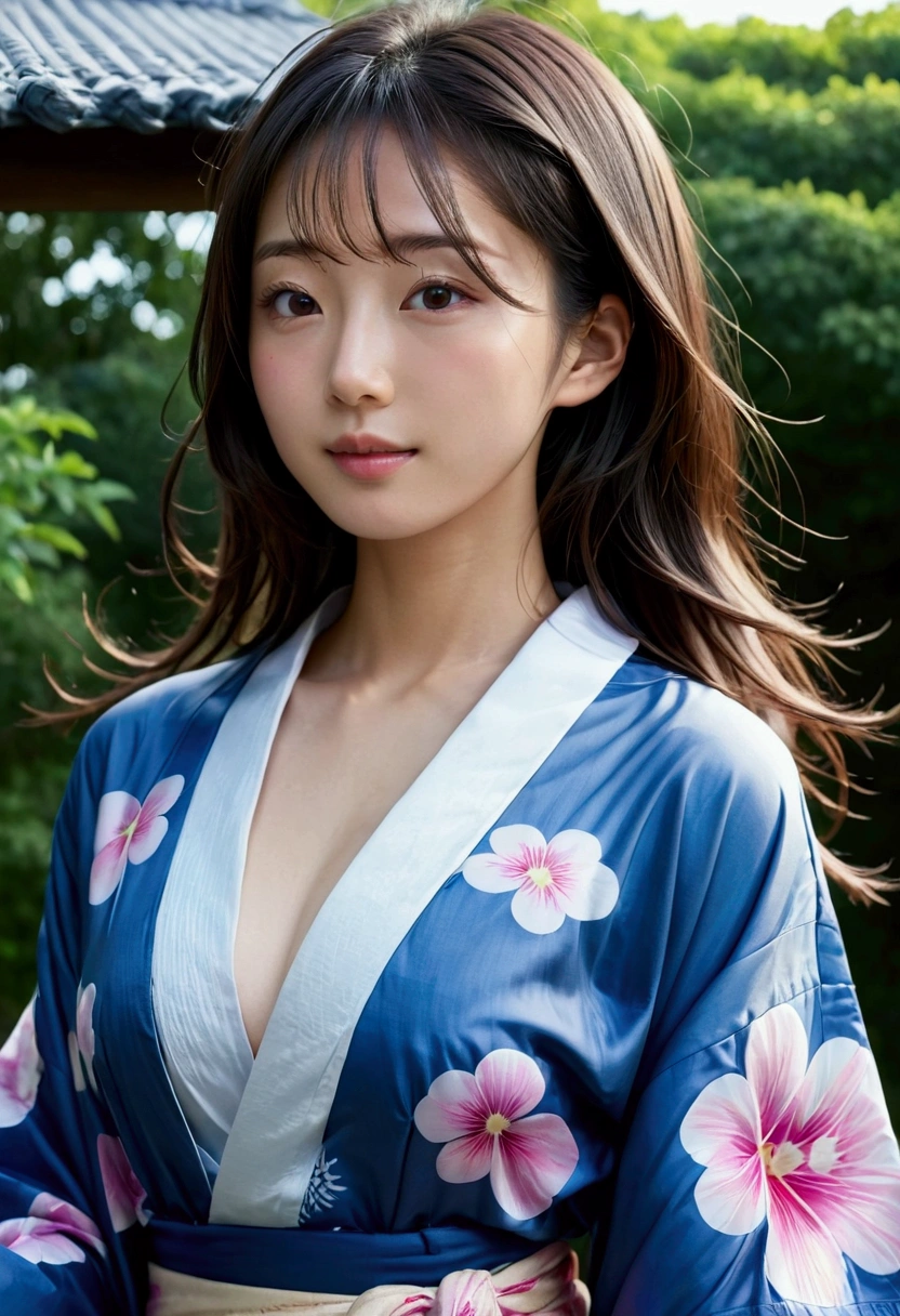 (masterpiece、high resolution、high quality)、Beautiful Japanese Women:1.3,Model Body Type、Beautiful body、Japanese Yukata、Soaring、night、Laughter、Clear Eyes、(((Flat Chest)))、Beautiful Skin、Yukata Beauty、Morning glory pattern yukata、Cool Summer、Professional Photography、