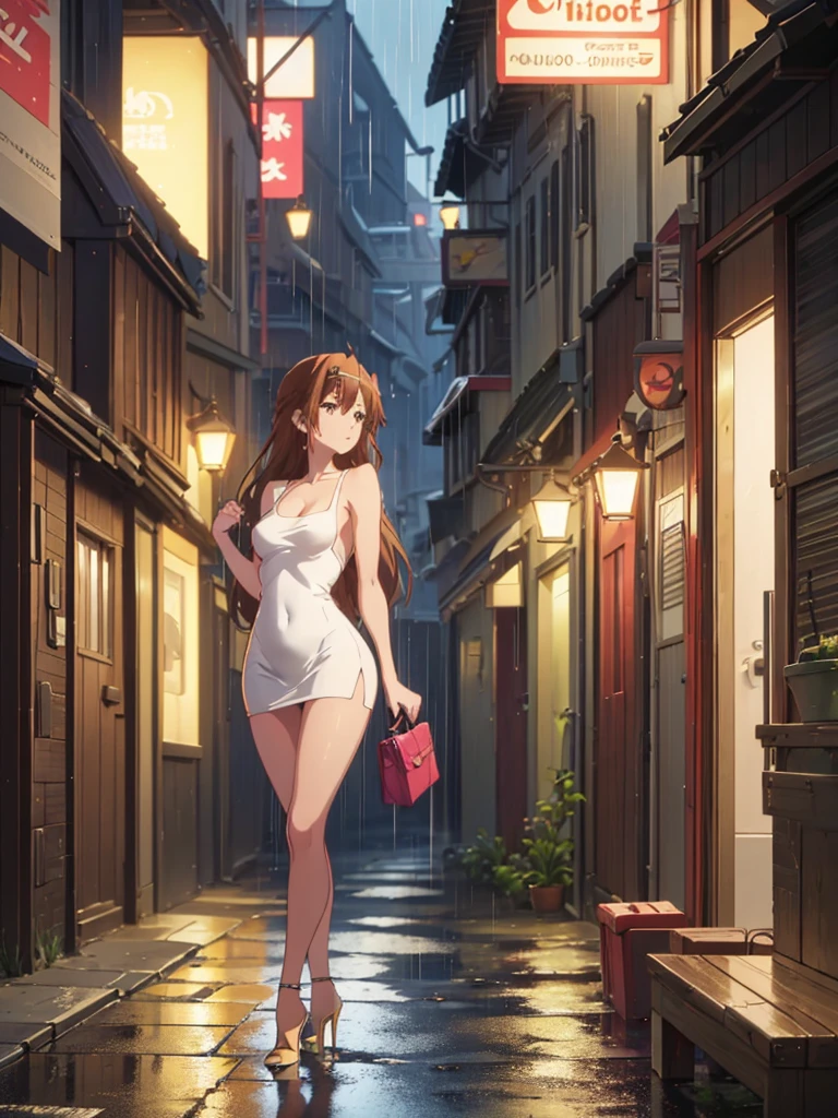 Girl, short tight dress, You can see her breasts,  Bare breasts, chest visible, street  background, Narrow passage between houses, night, rain, slim body, In full growth, Stiletto Shoes , small breast, 