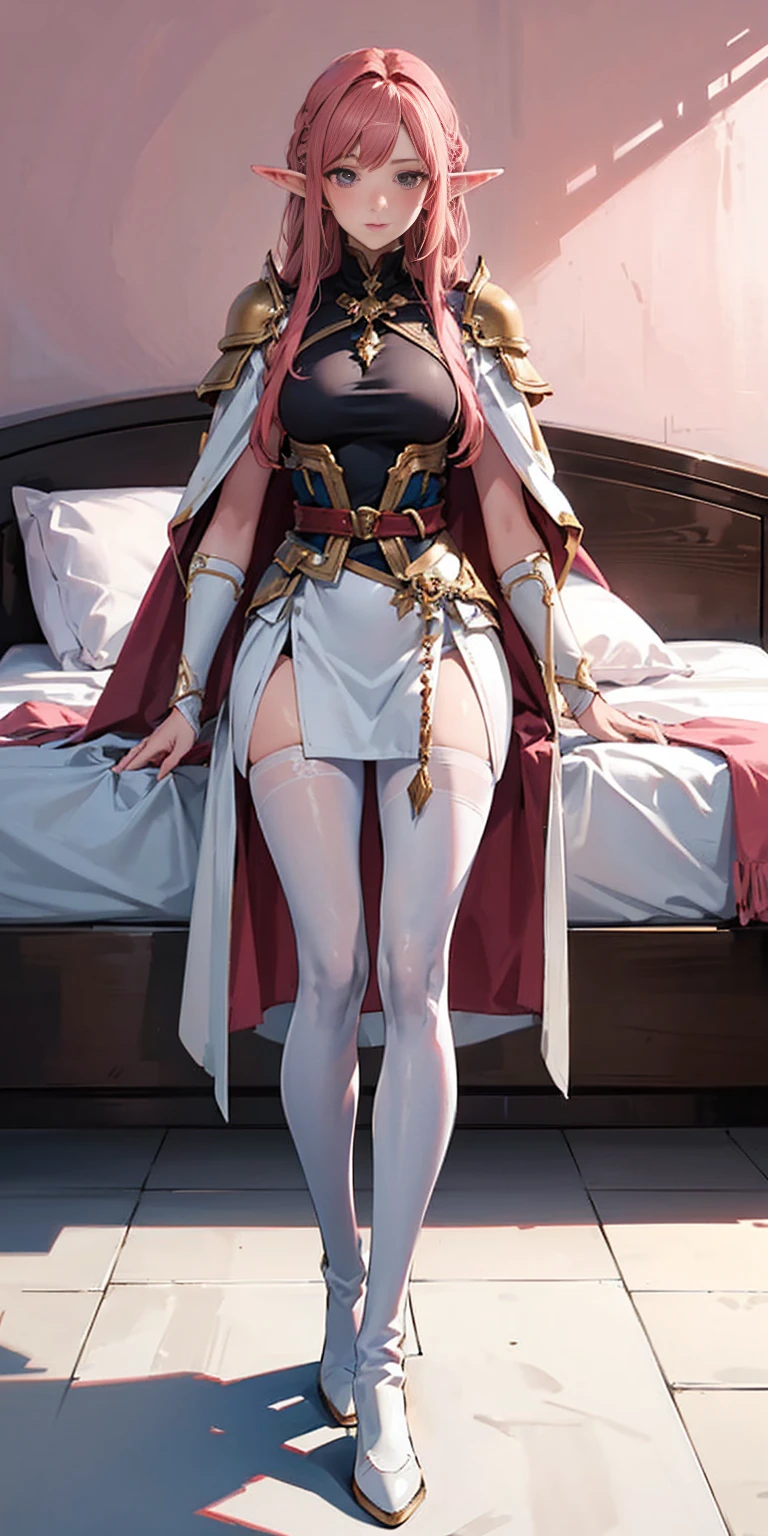 red tinted hair, white armor, long cape, long black glovelack pantyhoses, beautiful female standing with white boots, (elf), (1girl), solo, sitting on bed, bedroom background (PINK SHEETS and a pillow)