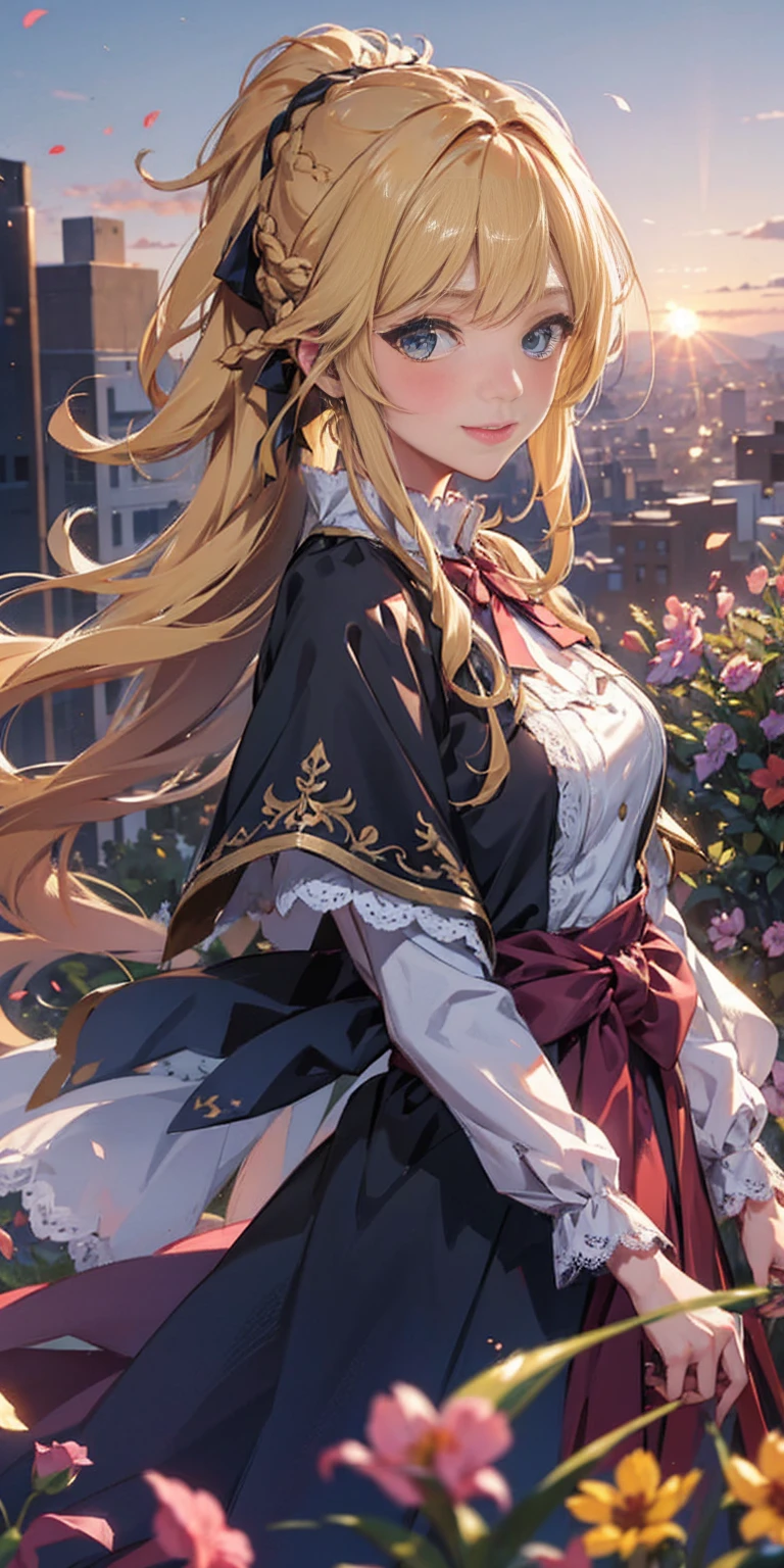 best quality, masterpiece, extremely detailed, detailed background, 1girl, solo, yellow hair, blue eyes, braid, long hair, wavy hair, fluffy hair, ponytail, french braid, blush, smile, capelet, lace trim, bodice, sunset, dusk, scenery, high place, horizon, wind, wind blow, flowerbed, looking at viewer, depth of field, bokeh